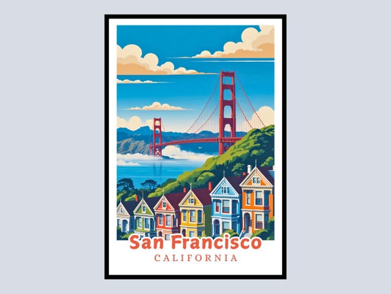 San Francisco Framed Poster Golden Gate Bridge Art Painted Ladies Print Travel Gift Souvenir Us City Home Office Decor