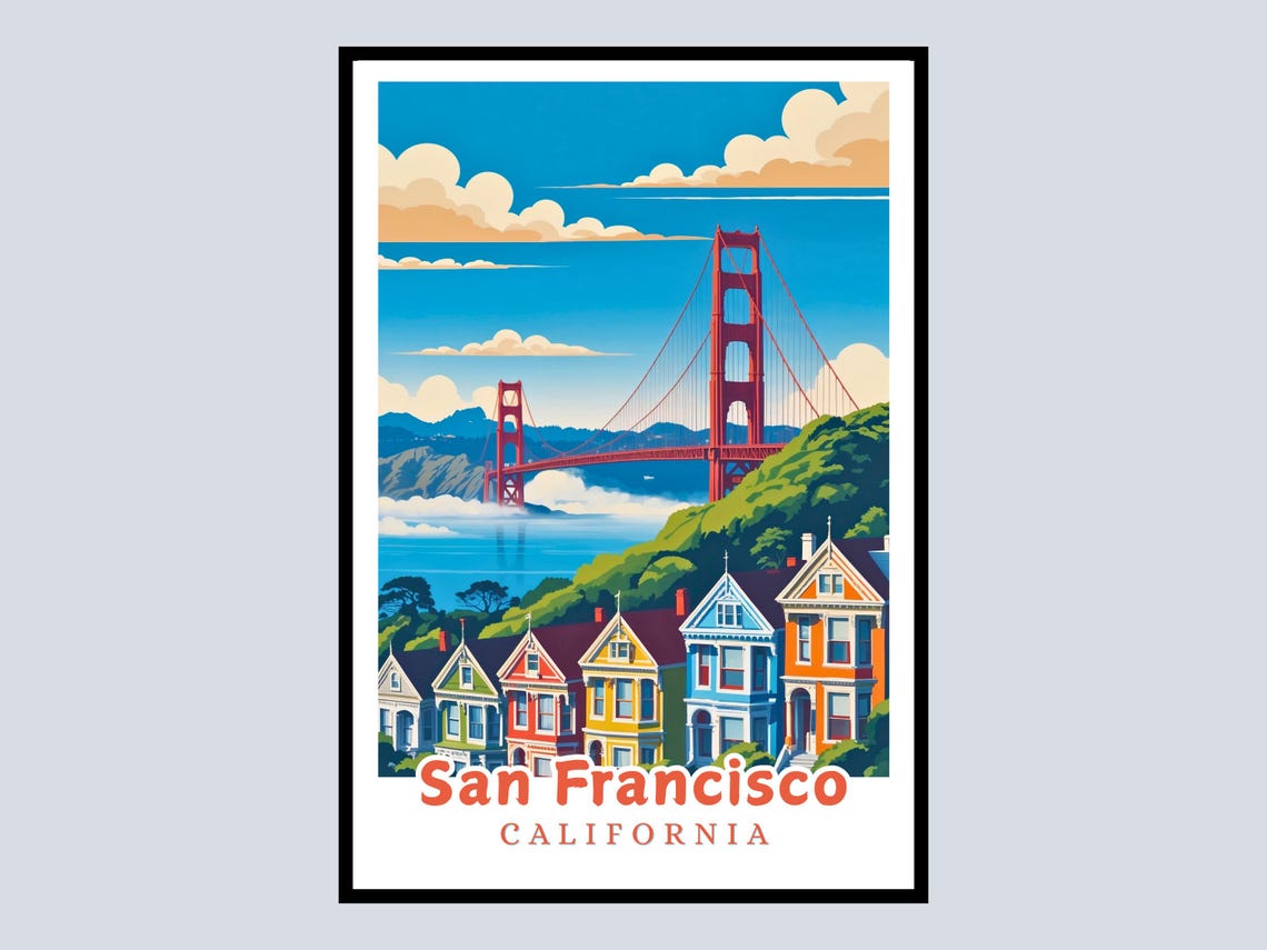 San Francisco Golden Gate Bridge Painted Ladies Travel Poster
