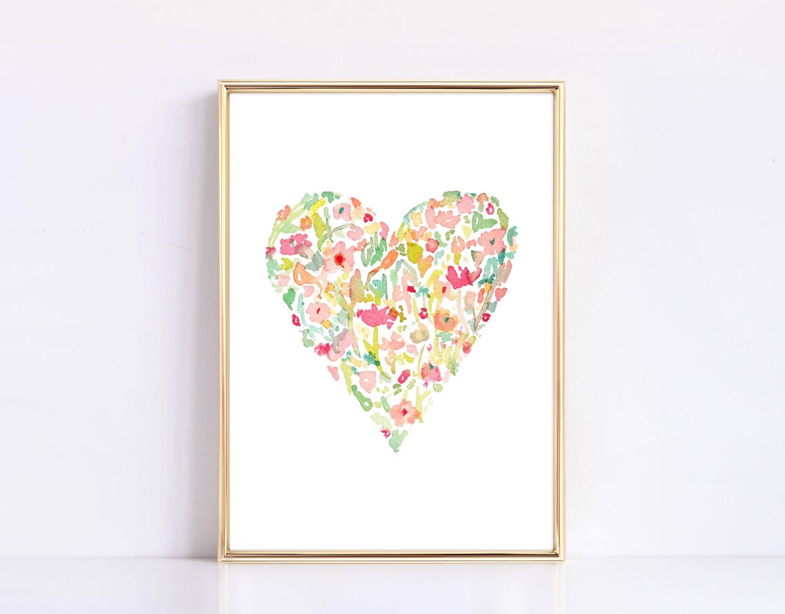 Soft Peach Pink Watercolor Floral Heart Valentines Day Art Print