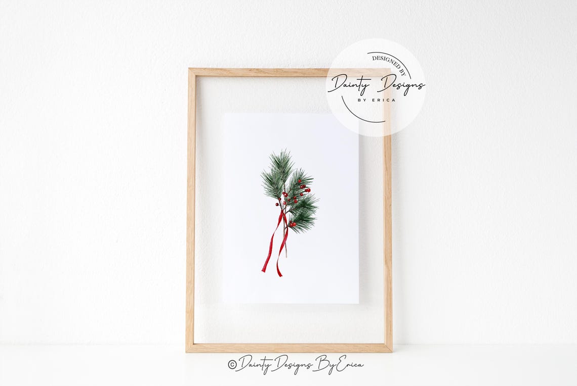 Pine Branch Watercolor Print Red Berries Ribbon Minimal Holiday Art - Image 2