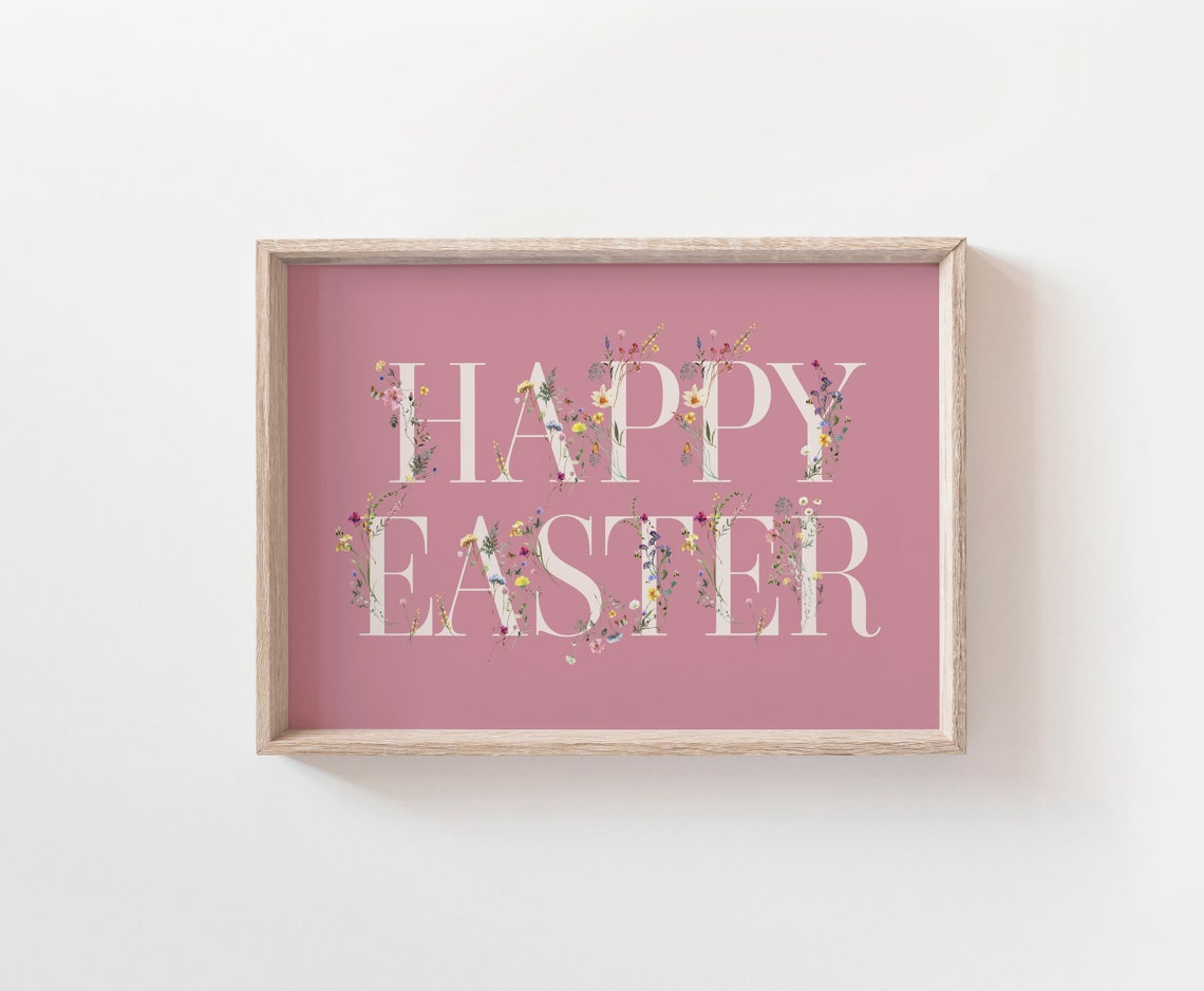 Happy Easter Floral Lettering Pink Spring Holiday Decor Poster - Image 2