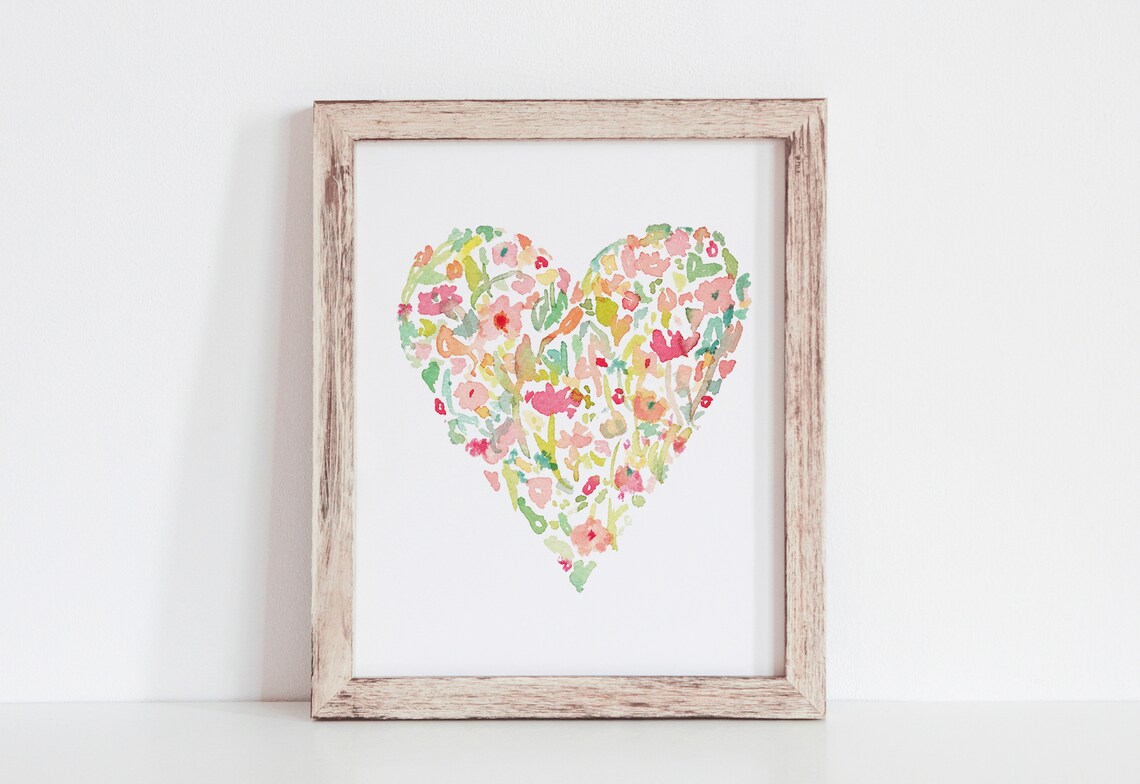 Soft Peach Pink Watercolor Floral Heart Valentines Day Art Print - Image 3