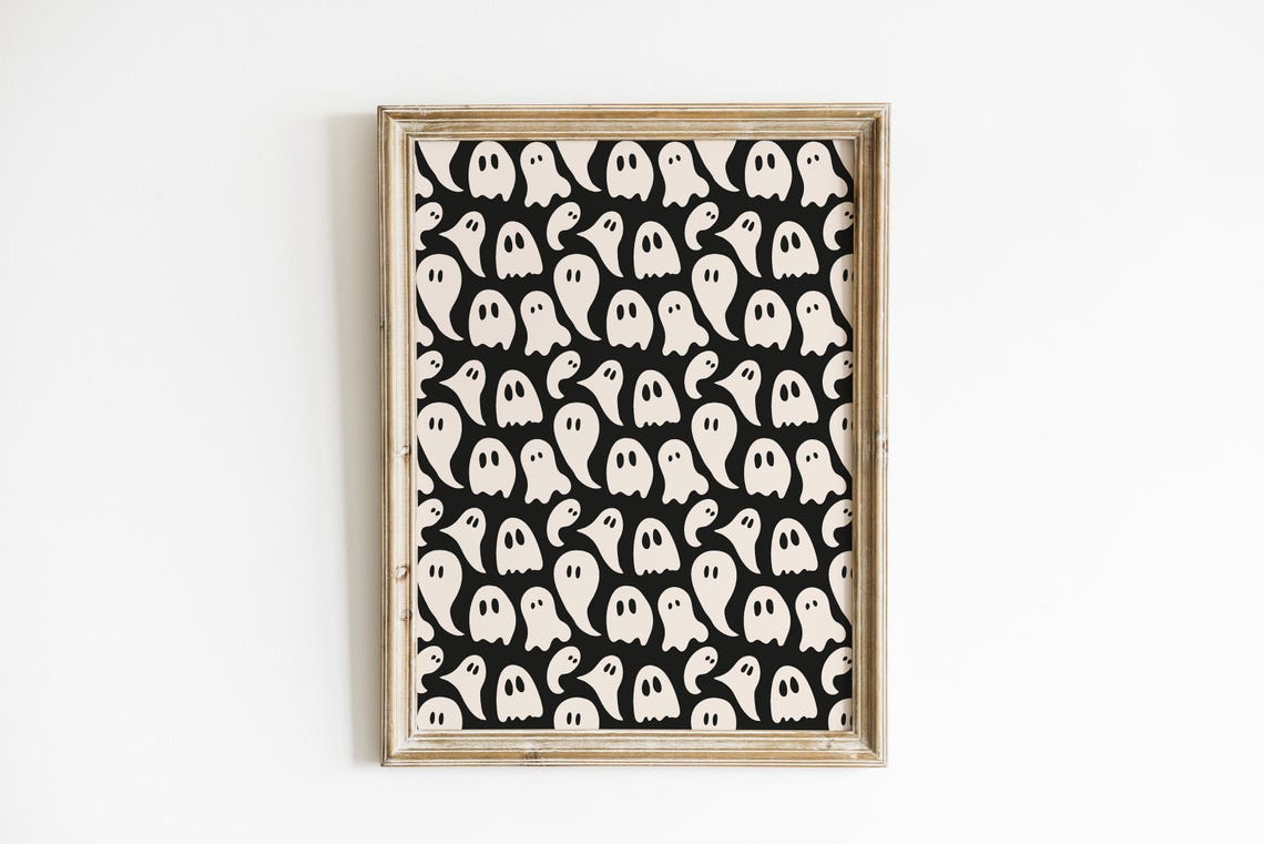 Cute White Ghosts Pattern Halloween Black Background Art Poster
