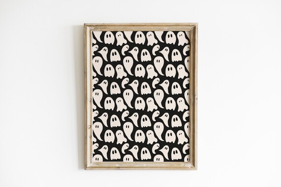 Cute White Ghosts Pattern Halloween Black Background Art Poster