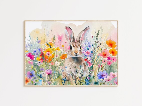 Spring Bunny Watercolor Wildflowers Poster Easter Bunny Nursery Art