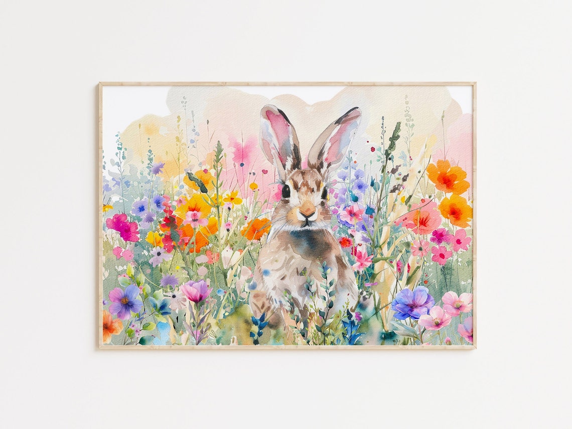 Spring Bunny Watercolor Wildflowers Poster Easter Bunny Nursery Art