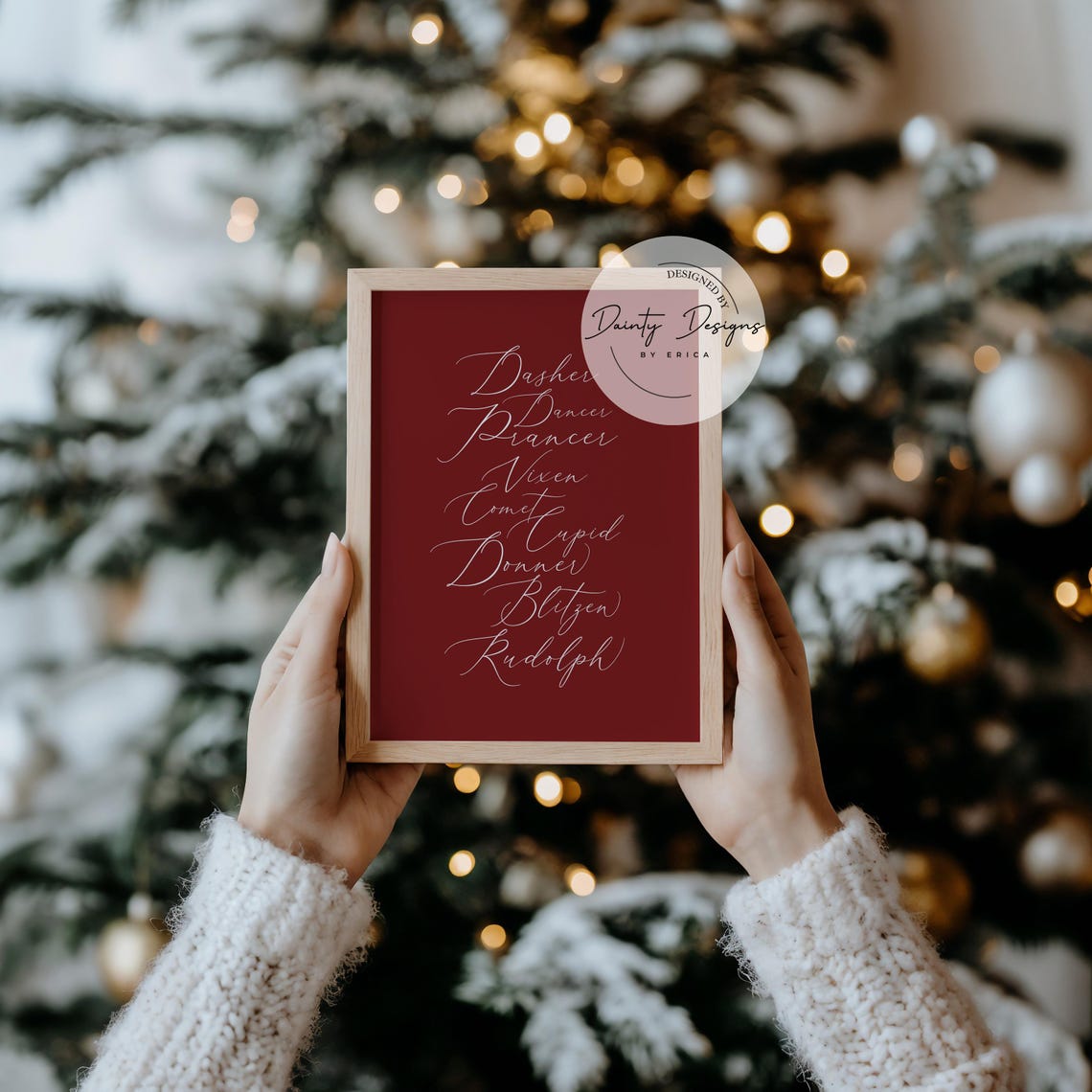 Santa Reindeer Names Elegant Script Burgundy Beautiful Poster - Image 3