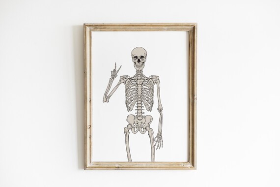 Funny Skeleton Peace Sign Halloween Minimalist White Art Poster