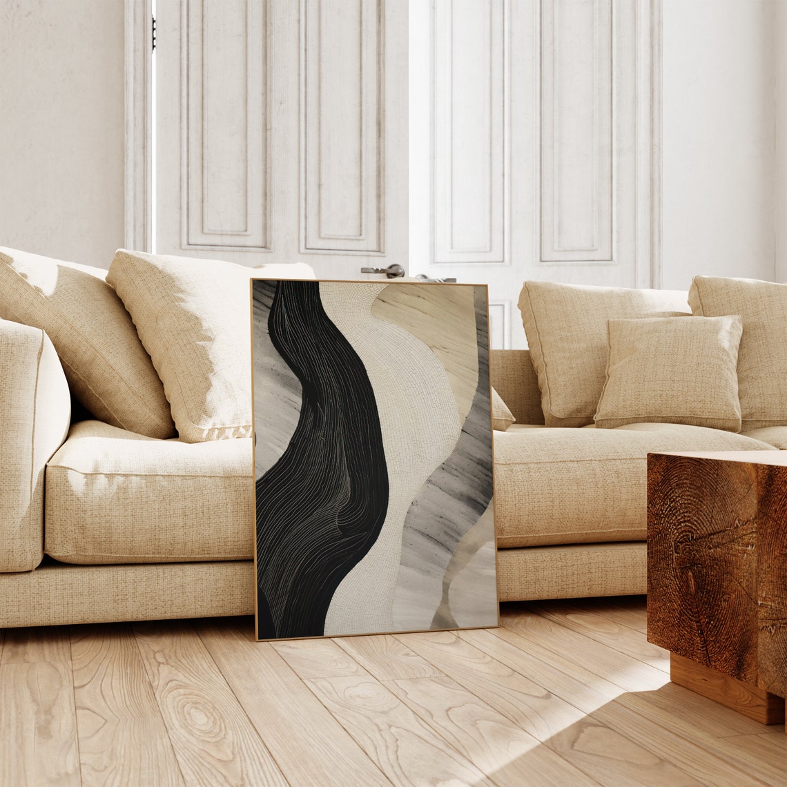 Flowing Neutral Abstract Wavy Line Beige Black Modern Poster - Image 4