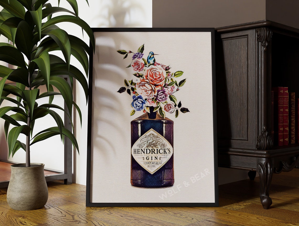 Hendricks Floral Gin Bottle Art Print, Kitchen Decor