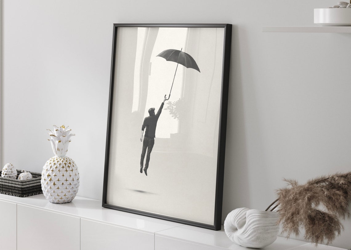 Man Floating With Umbrella Minimalist Surreal Dream Art Poster