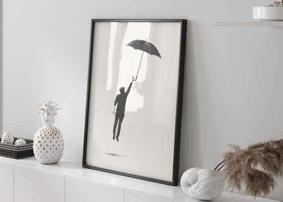 Man Flying In The Sky With Umbrella Minimal Wall Art Print Alternative Quirky Decor