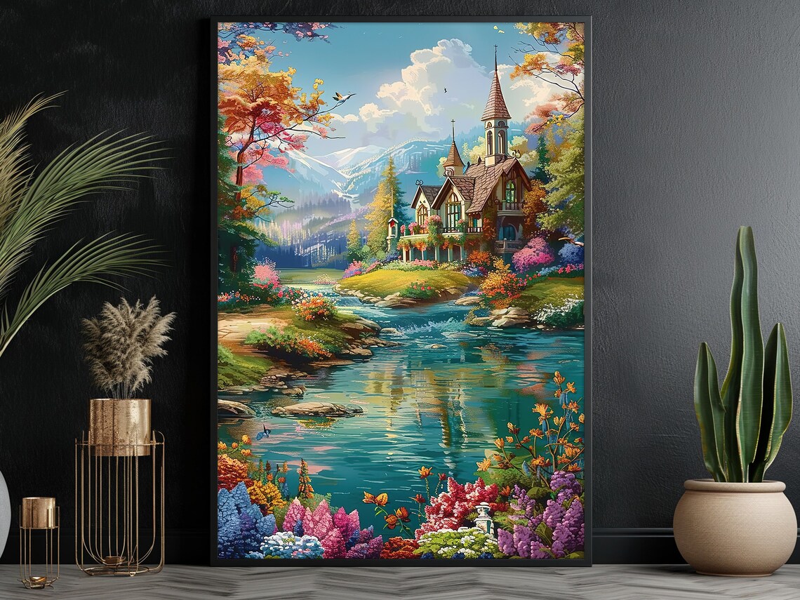 Storybook Cottage By Turquoise River Mountain Garden Fantasy Poster - Image 2
