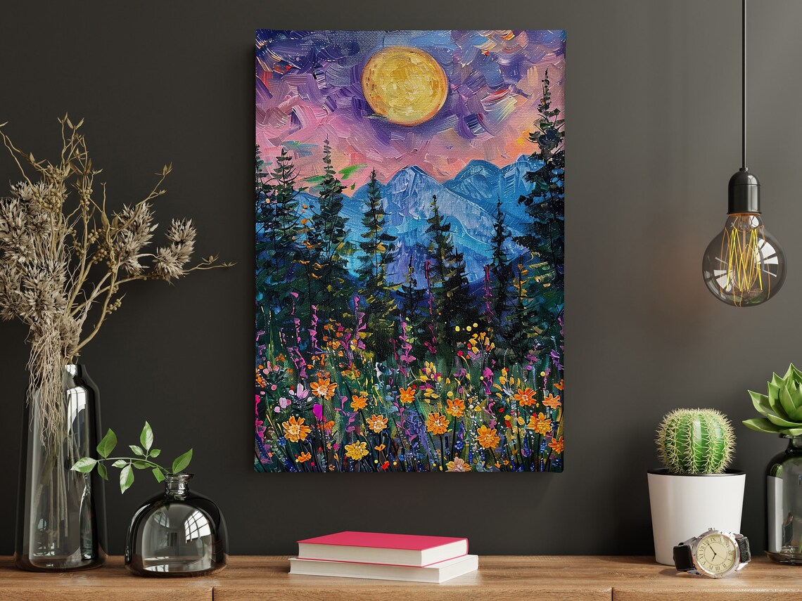 Vintage Moon And Forest Mountain Art Print - Image 4