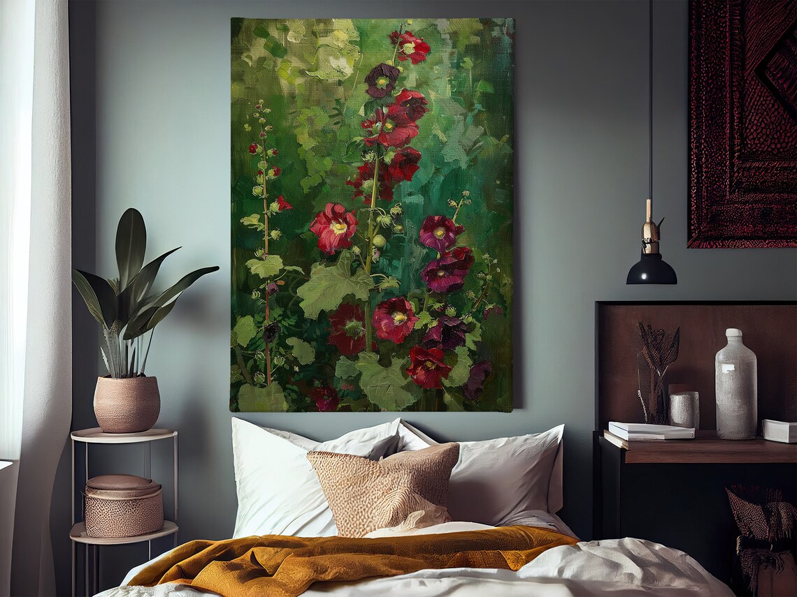 Red Hollyhocks Oil Painting Vintage Cottage Garden Floral Wall Poster - Image 2