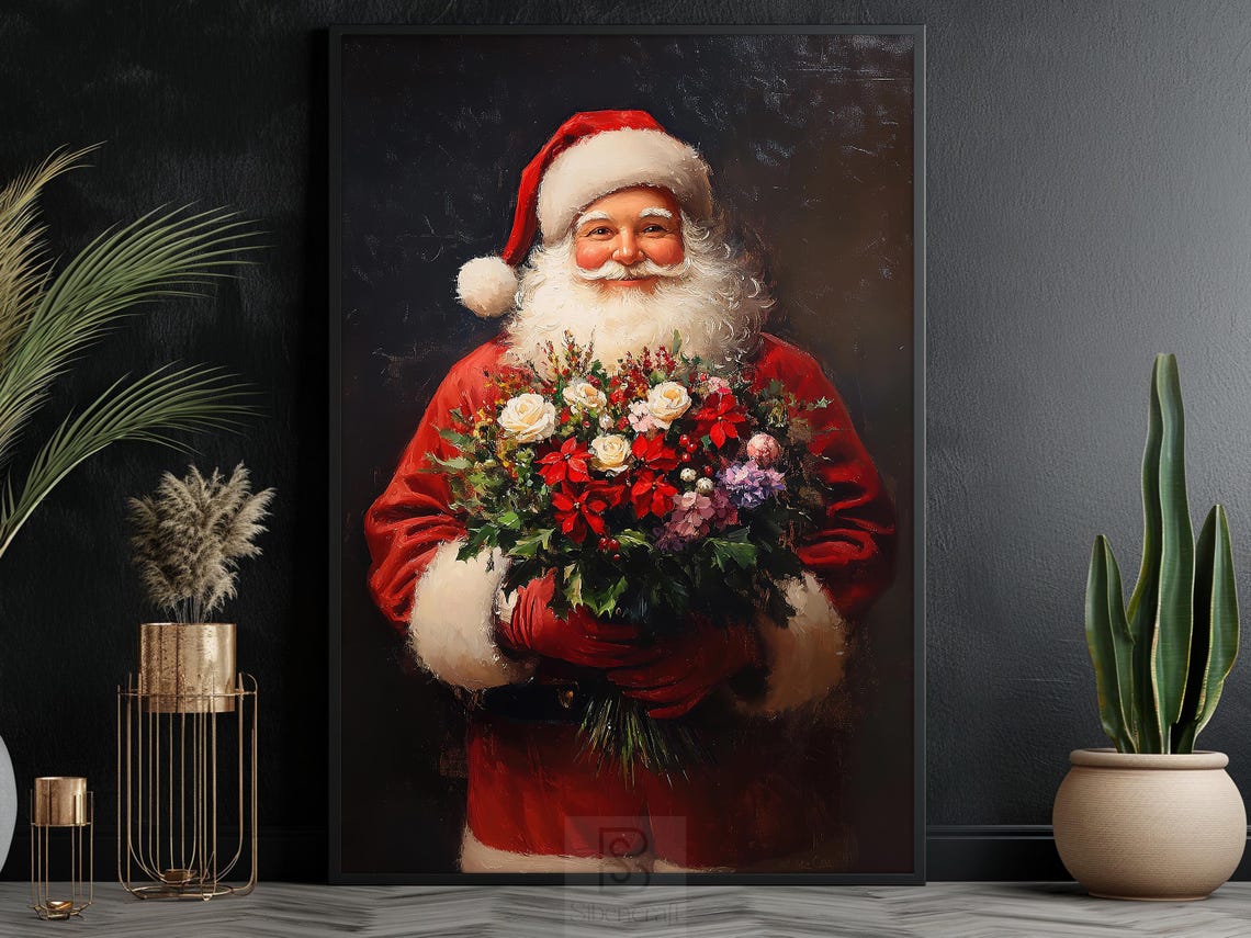 Vintage Santa Hold Flowers Painting Warm Santa Print Cottage Santa Claus Poster Print Christmas Wall Art Cozy Christmas Decor