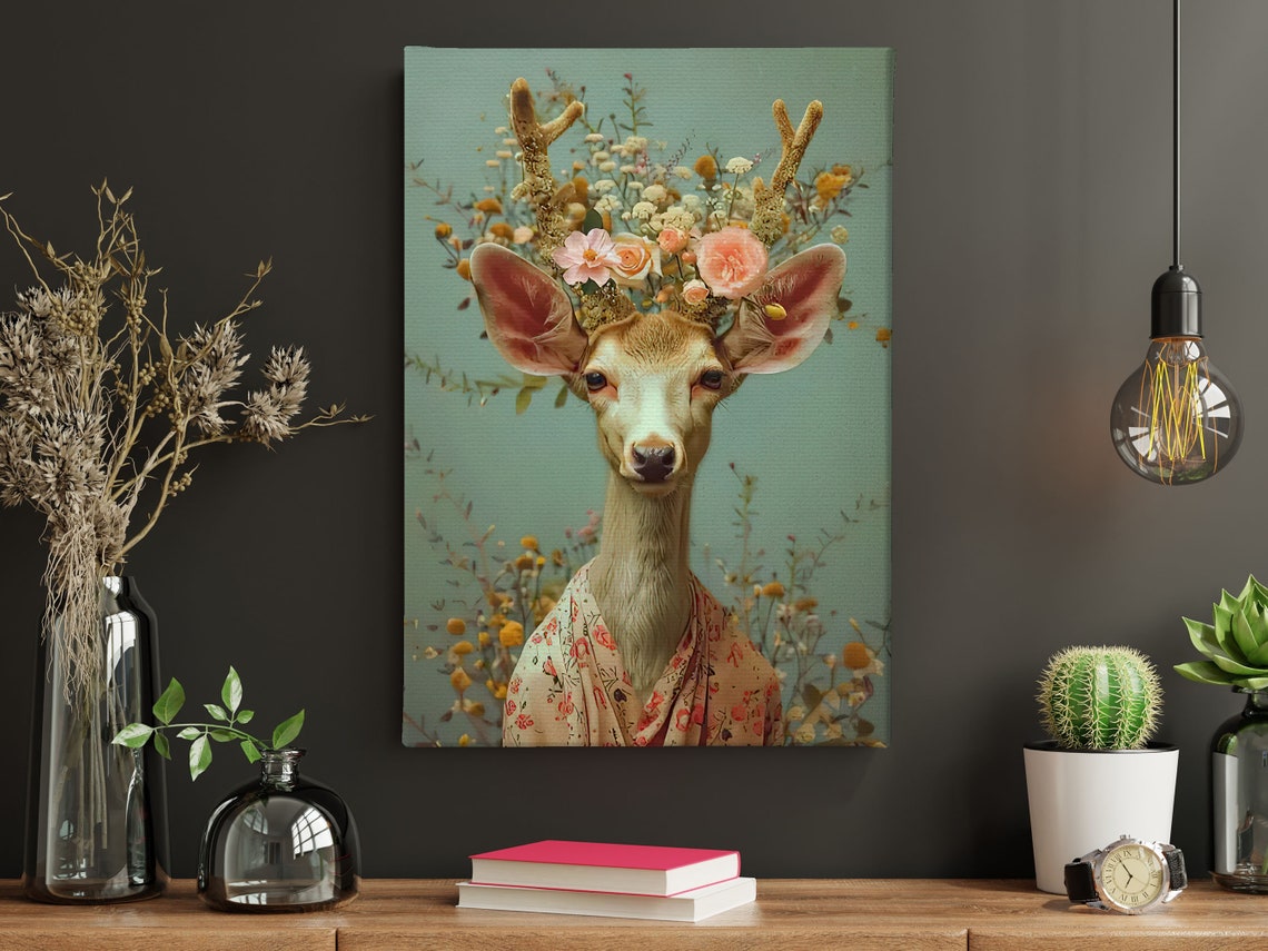 Deer With Floral Crown Portrait On Sage Green Maximalist Animal Poster - Image 4
