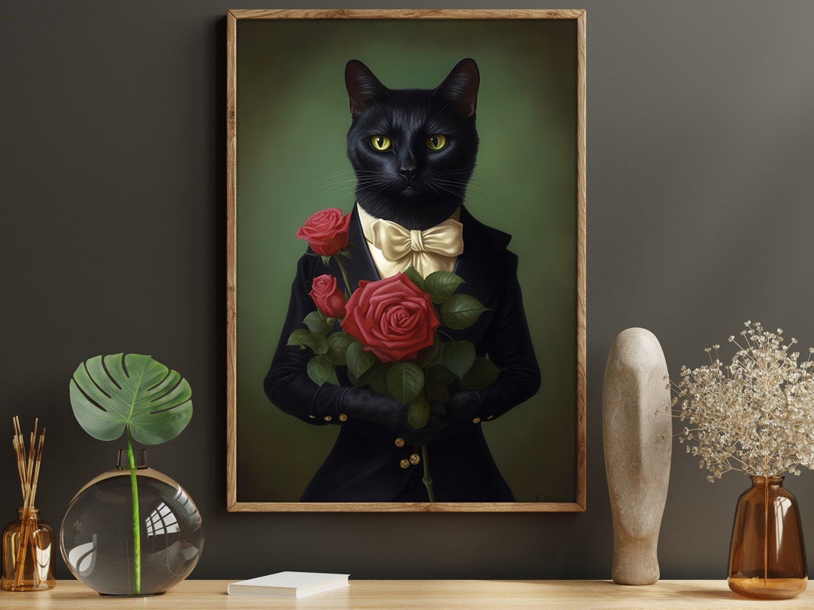 Black Cat Gentleman Tuxedo Portrait With Red Roses Bouquet Poster