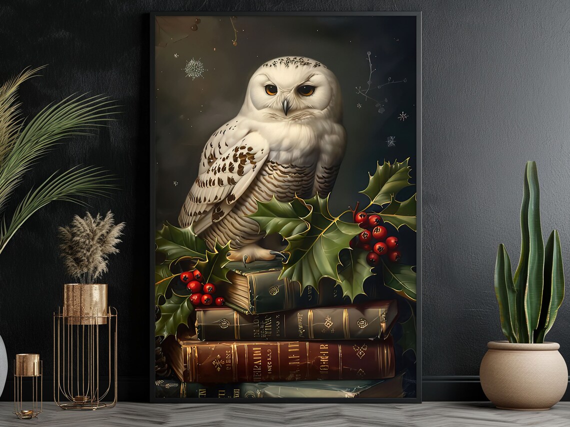 Cottage Owl And Books Painting Vintage Owl Print Owl Print Animal Poster Print Wild Animal Wall Art