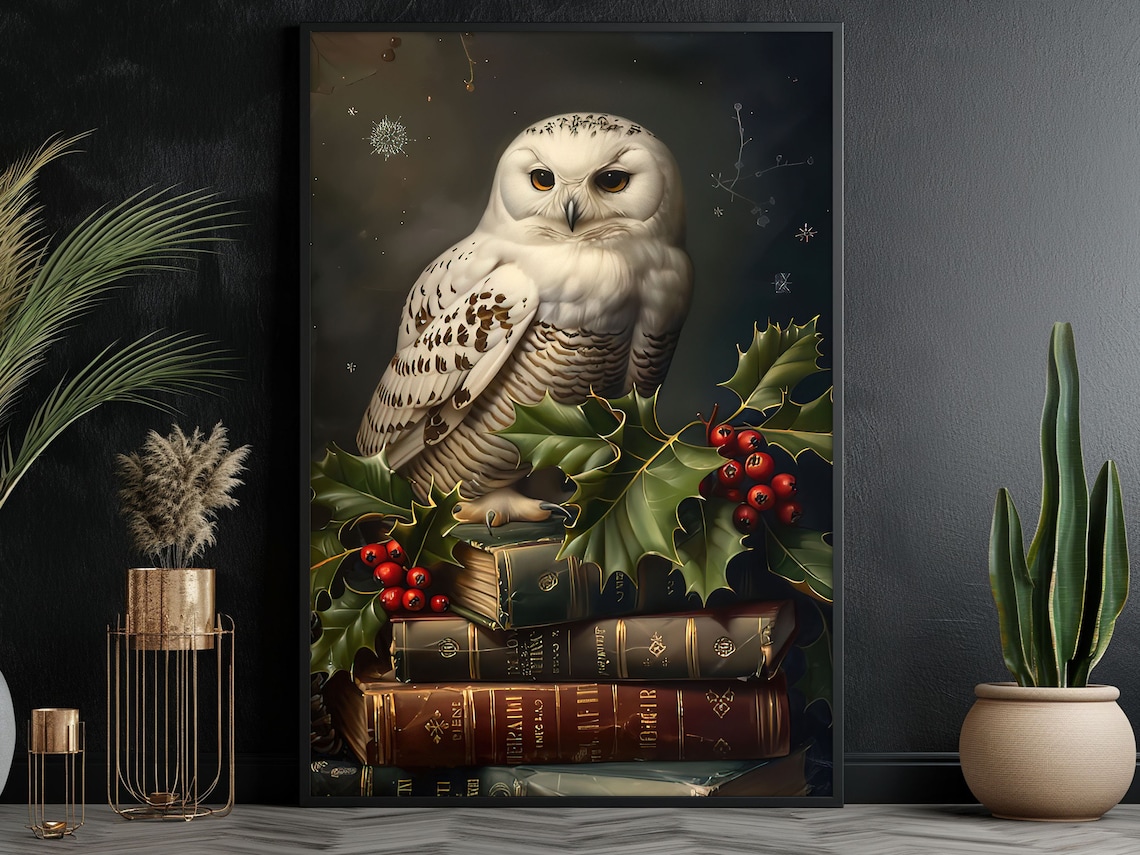 Snowy Owl On Vintage Books Holly Berries Cozy Library Art Poster