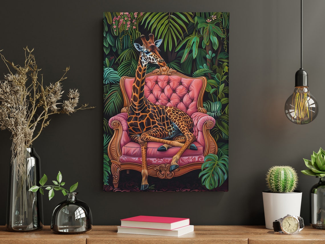 Giraffe Pink Velvet Armchair Tropical Jungle Animal Art Poster - Image 4