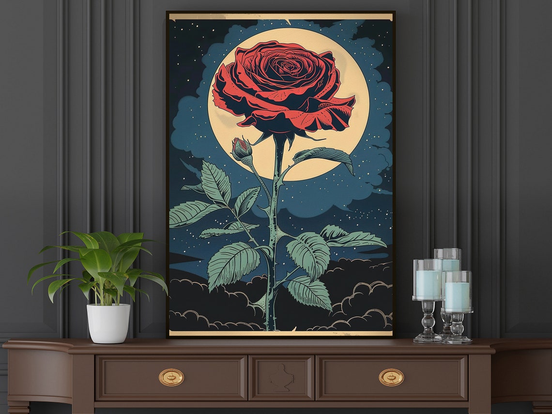 Red Rose Against Full Moon Starry Night Vintage Botanical Art Poster - Image 5