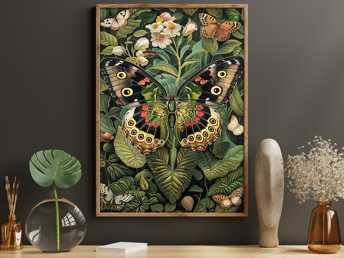Vintage Butterflies and Flowers Art Print, Cottage Botanical