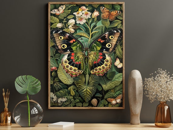 Vintage Butterflies and Flowers Art Print, Cottage Botanical