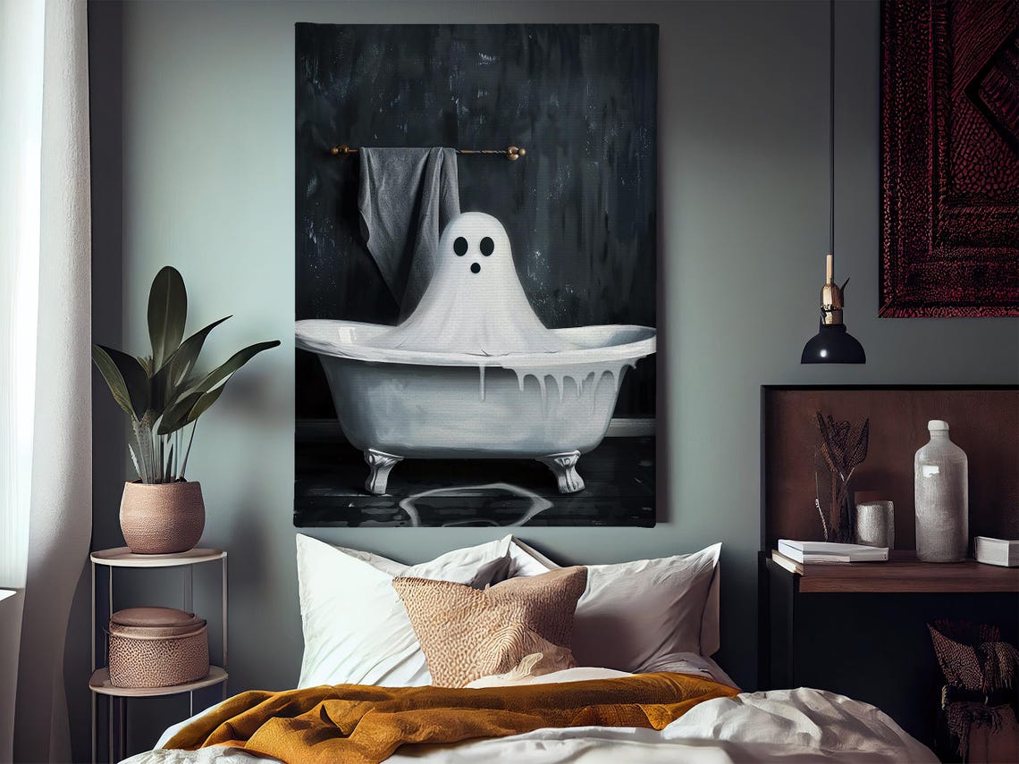 Surprised Ghost In White Bathtub Dark Funny Halloween Art Poster - Image 4