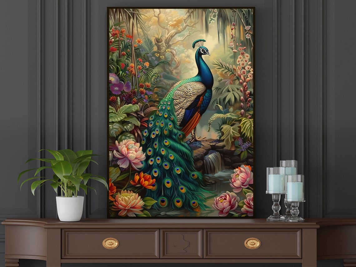 Majestic Peacock With Full Tail In Tropical Floral Jungle Bird Poster - Image 5