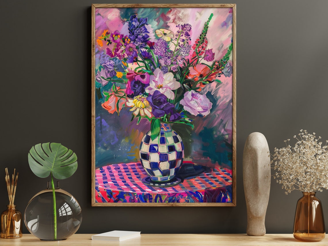 Vibrant Floral Bouquet In Checkered Vase Fauvist Still Life Art Poster