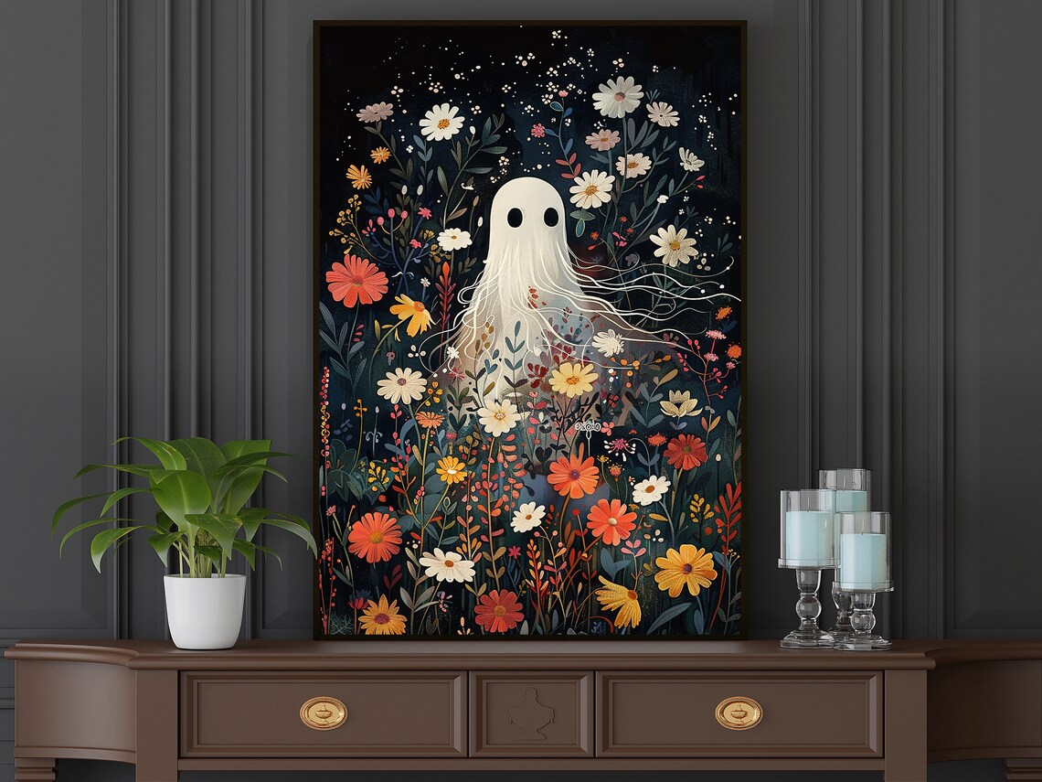 Vintage Ghost in Flowers Garden, Halloween Art Print - Image 5