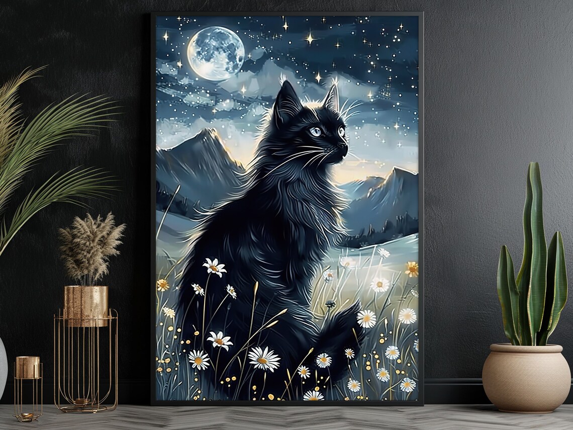 Black Cat Full Moon Night Meadow Daisies Stars Dreamy Animal Art Wall Poster - Image 3