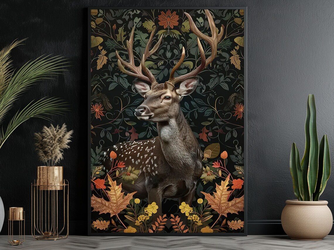Spotted Stag With Majestic Antlers In Dark Botanical Forest Art Poster - Image 2