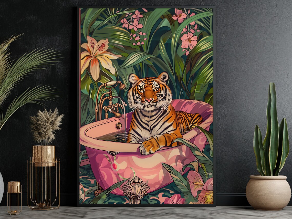 Tropical Tiger In Pink Bathtub Jungle Floral Art Maximalist Poster