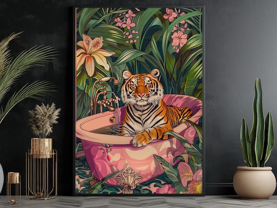 Tropical Tiger In Pink Bathtub Jungle Floral Art Maximalist Poster