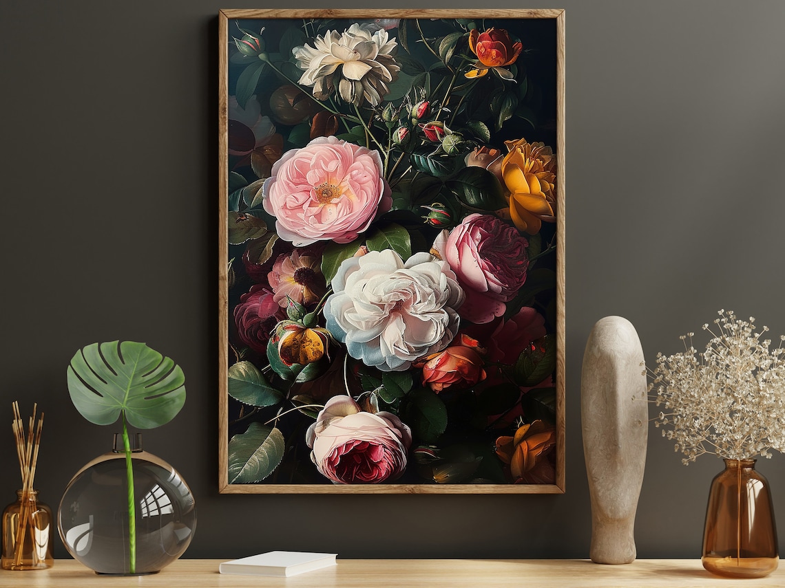Dark Flowers Still Life, Dark Academia Art Print