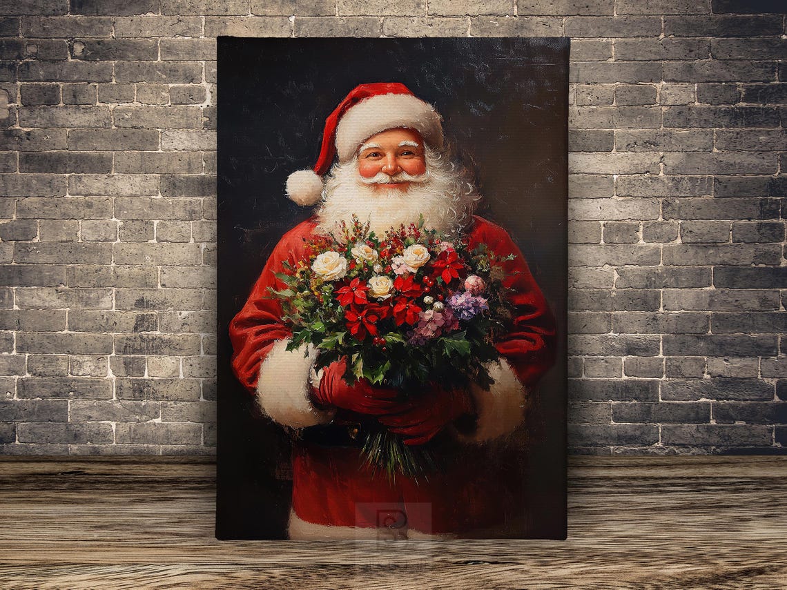 Vintage Santa Hold Flowers Painting Warm Santa Print Cottage Santa Claus Poster Print Christmas Wall Art Cozy Christmas Decor - Image 2