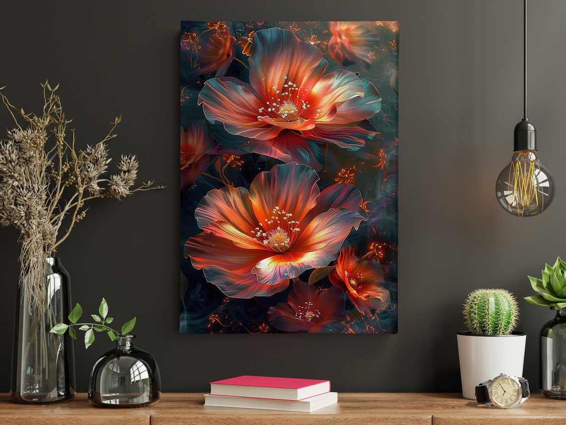 Glowing Red Orange Translucent Flowers On Dark Background Art Poster - Image 4