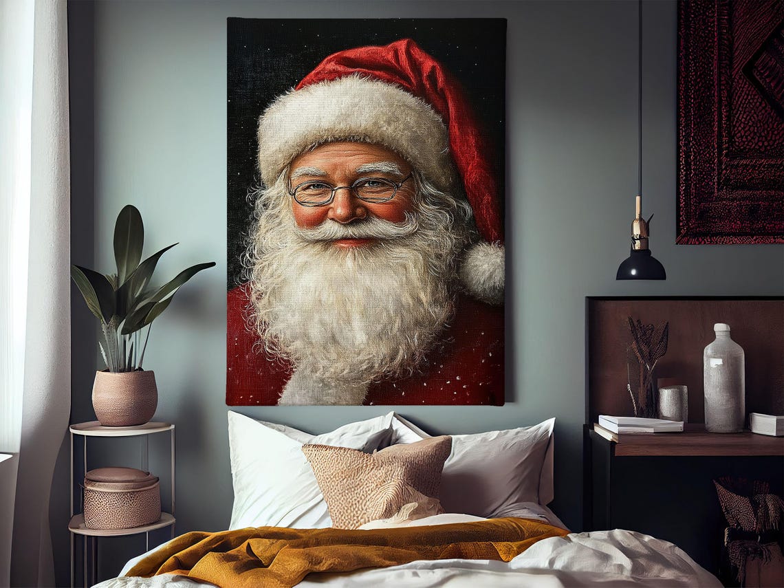 Vintage Santa Claus Smiling Portrait With Red Hat Christmas Wall Art - Image 3