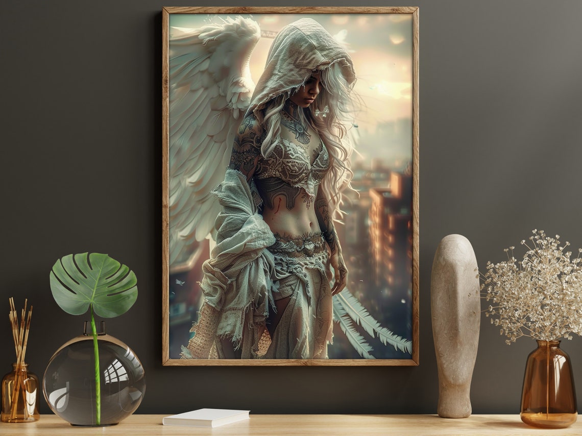 Dark Fallen Angel Tattooed Wings Gothic Fantasy City Sunset Art Poster