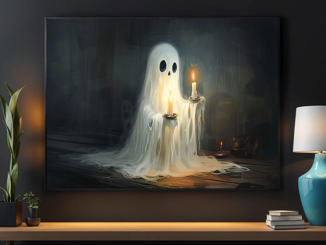 Dark Ghost Holding Two Lit Candles in Spooky Room Candlelight Poster
