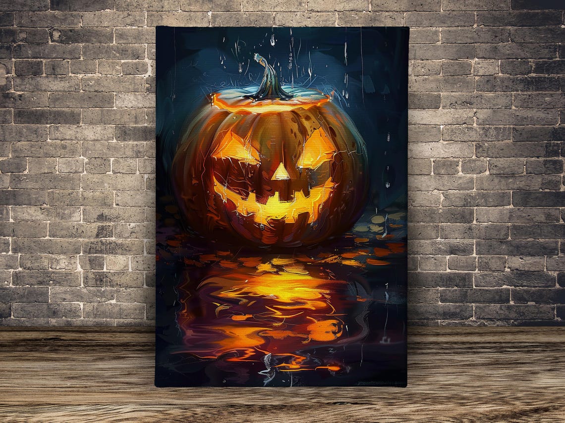 Glowing Jack O Lantern In Rain Spooky Halloween Pumpkin Art Poster - Image 2