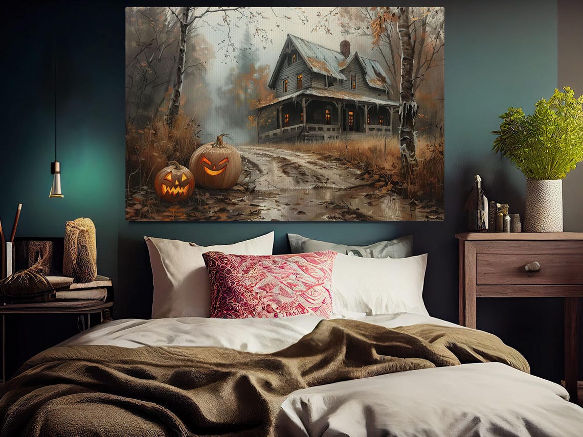 Haunted Old Farmhouse with Glowing Jack O Lanterns on Dirt Road Poster - Image 4