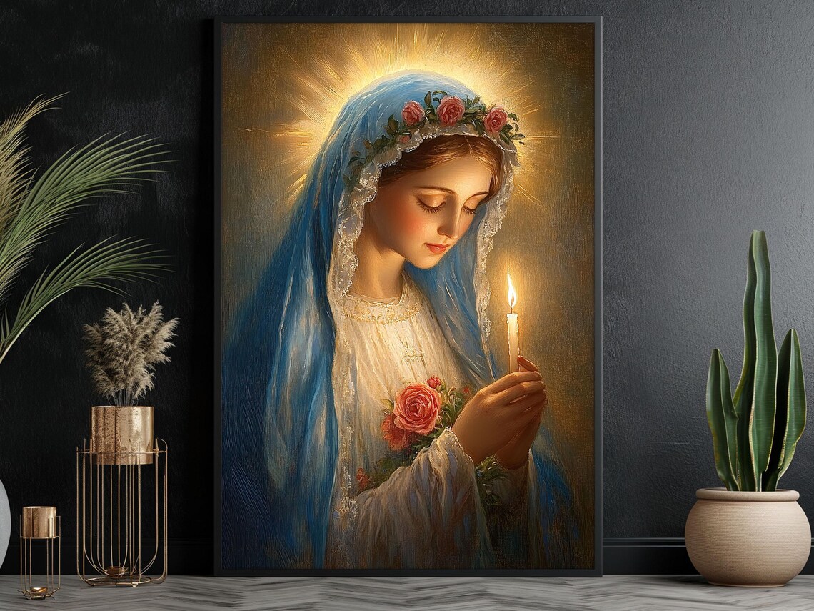 Virgin Mary Holding Candle Blue Veil Rose Crown Radiant Halo Religious Art Poster