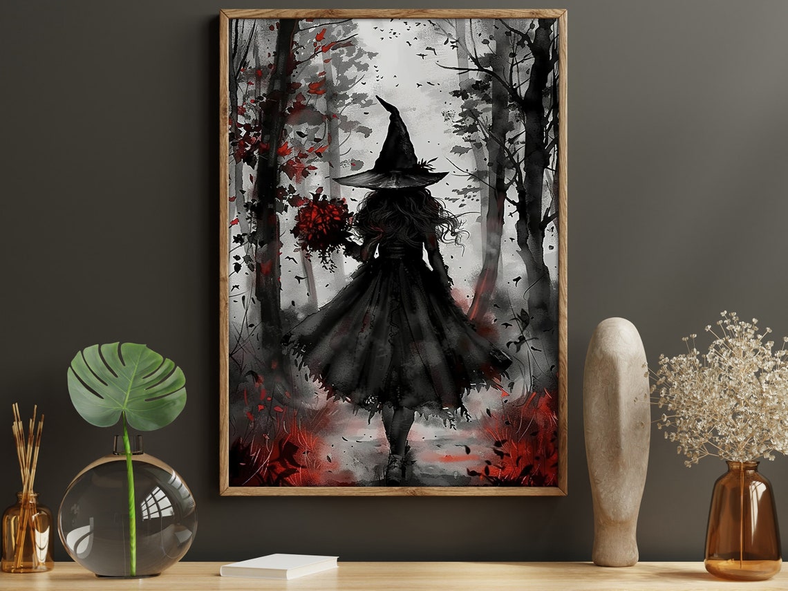 Dark Witch In Misty Forest Red Flowers Gothic Watercolor Halloween Art