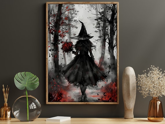 Dark Witch In Misty Forest Red Flowers Gothic Watercolor Halloween Art