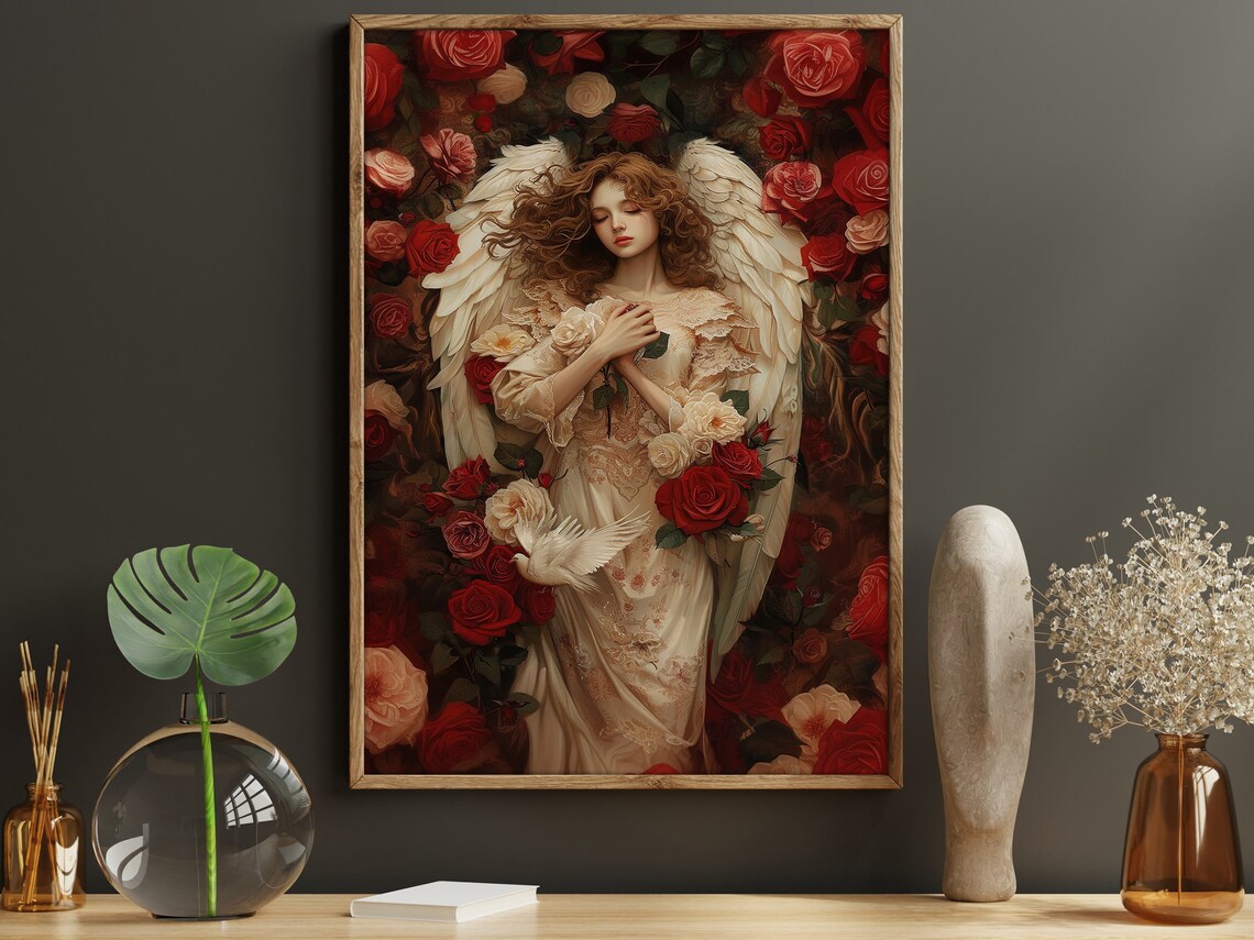 Angel in Roses, Catholic Faith Flower Art Print - Image 2