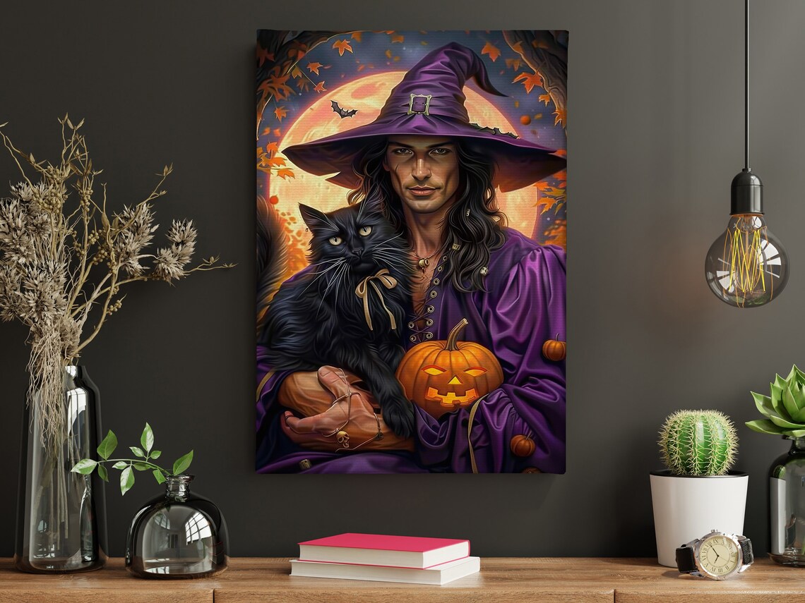 Male Witch Black Cat Pumpkin Harvest Moon Halloween Purple Robe Art Poster - Image 4