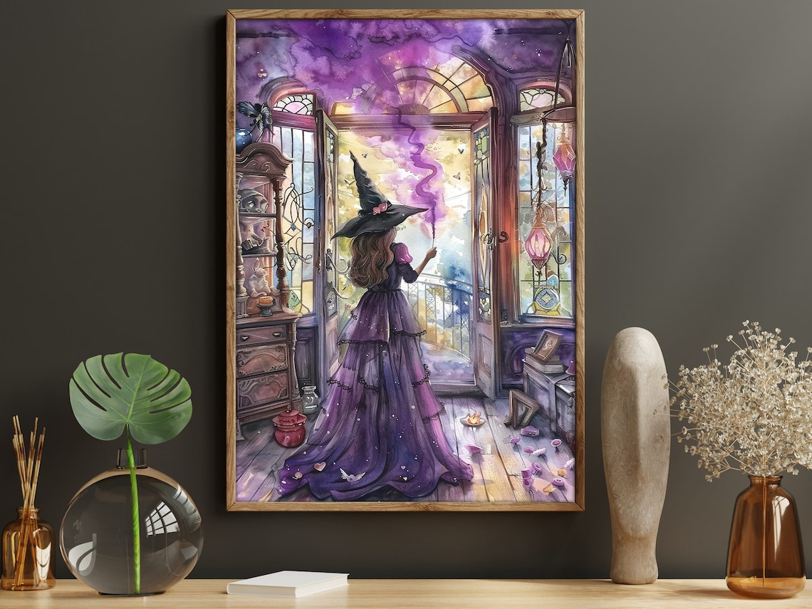 Young Witch in Magic Room Halloween Watercolor Art Print